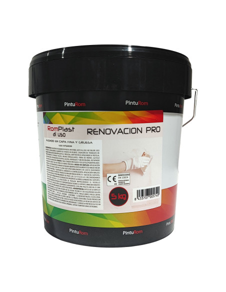 Masilla para renovar gotelé ROMPLAST RENOVACIÓN PRO vista reverso envase 5 kg.